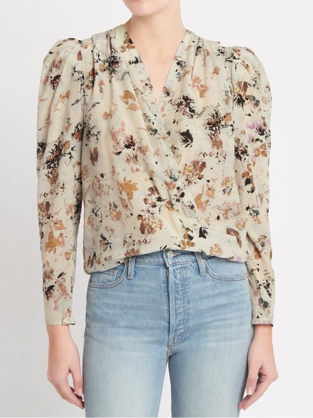 IRO Myla Floral Wrap Blouse – Silk Beige Print – Size 38 ((US-size 6)